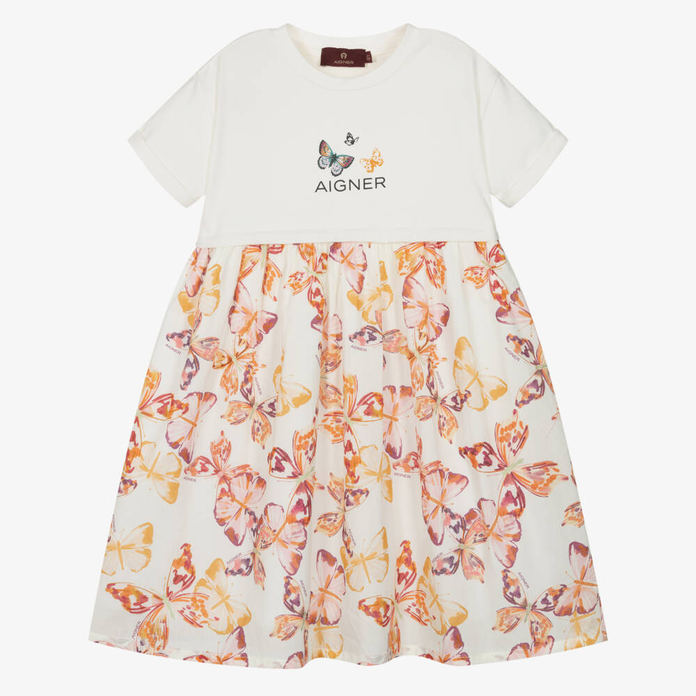 AIGNER-Girls Ivory & Pink Butterfly Print Cotton Dress | Childrensalon