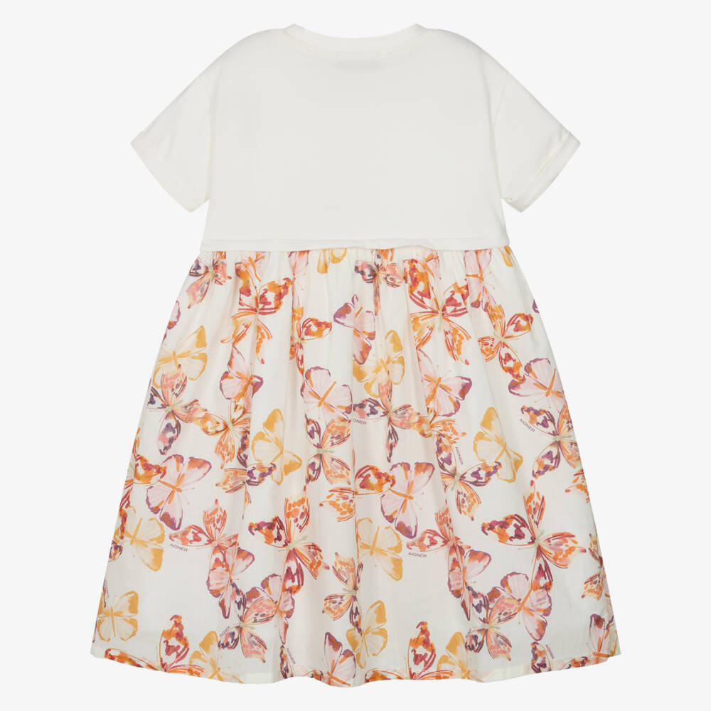 AIGNER-Girls Ivory & Pink Butterfly Print Cotton Dress | Childrensalon