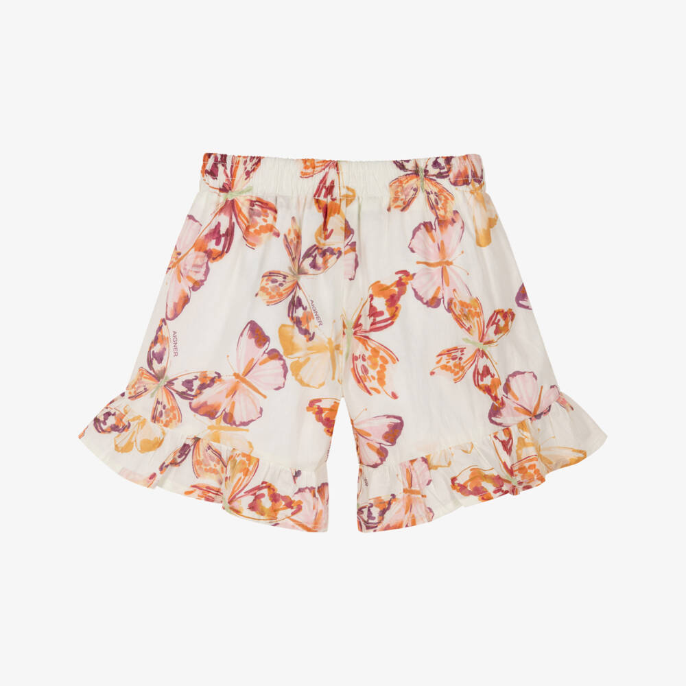 AIGNER-Girls Ivory & Pink Butterfly Print Cotton Shorts | Childrensalon
