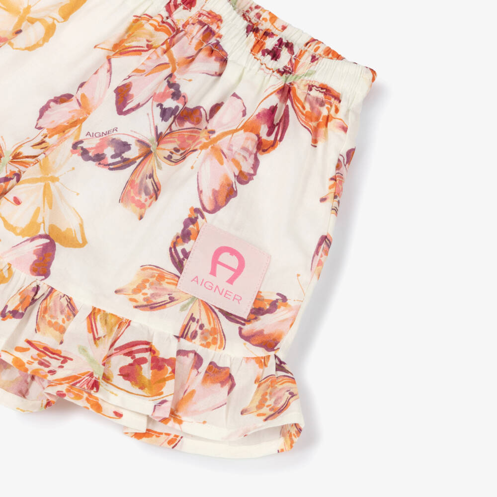 AIGNER-Girls Ivory & Pink Butterfly Print Cotton Shorts | Childrensalon