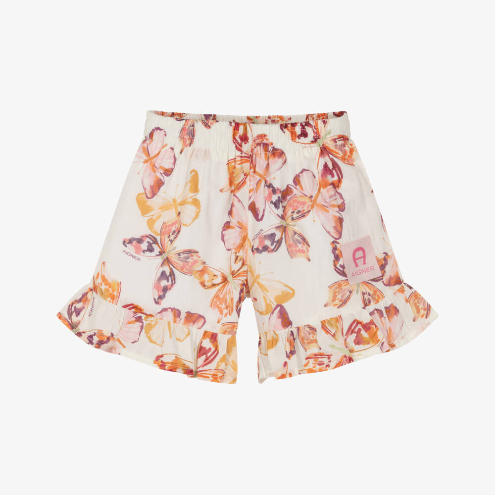 AIGNER-Girls Ivory & Pink Butterfly Print Cotton Shorts | Childrensalon