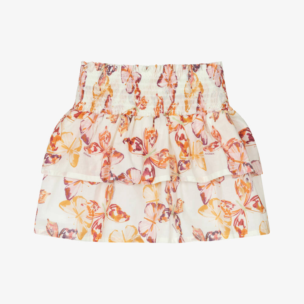 AIGNER-Girls Ivory & Pink Butterfly Print Cotton Skirt | Childrensalon