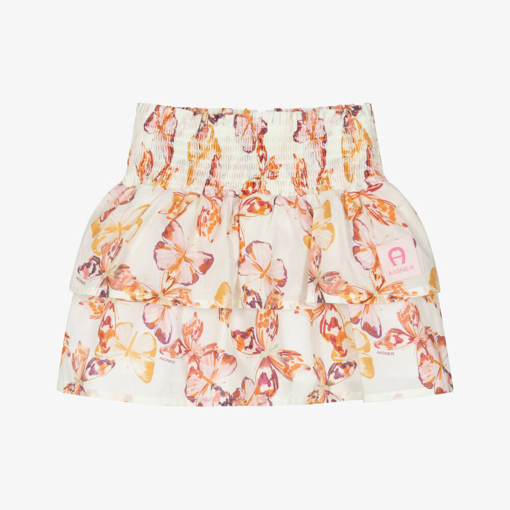 AIGNER-Girls Ivory & Pink Butterfly Print Cotton Skirt | Childrensalon