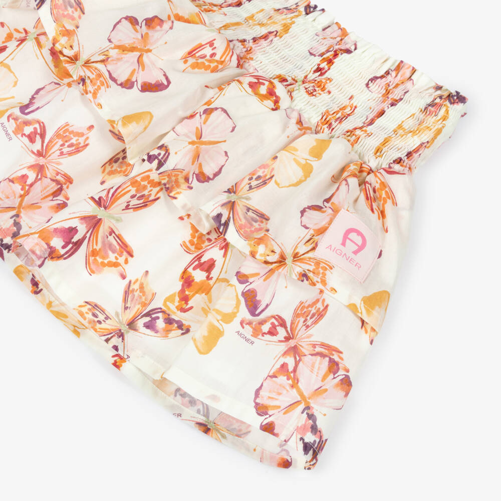 AIGNER-Girls Ivory & Pink Butterfly Print Cotton Skirt | Childrensalon
