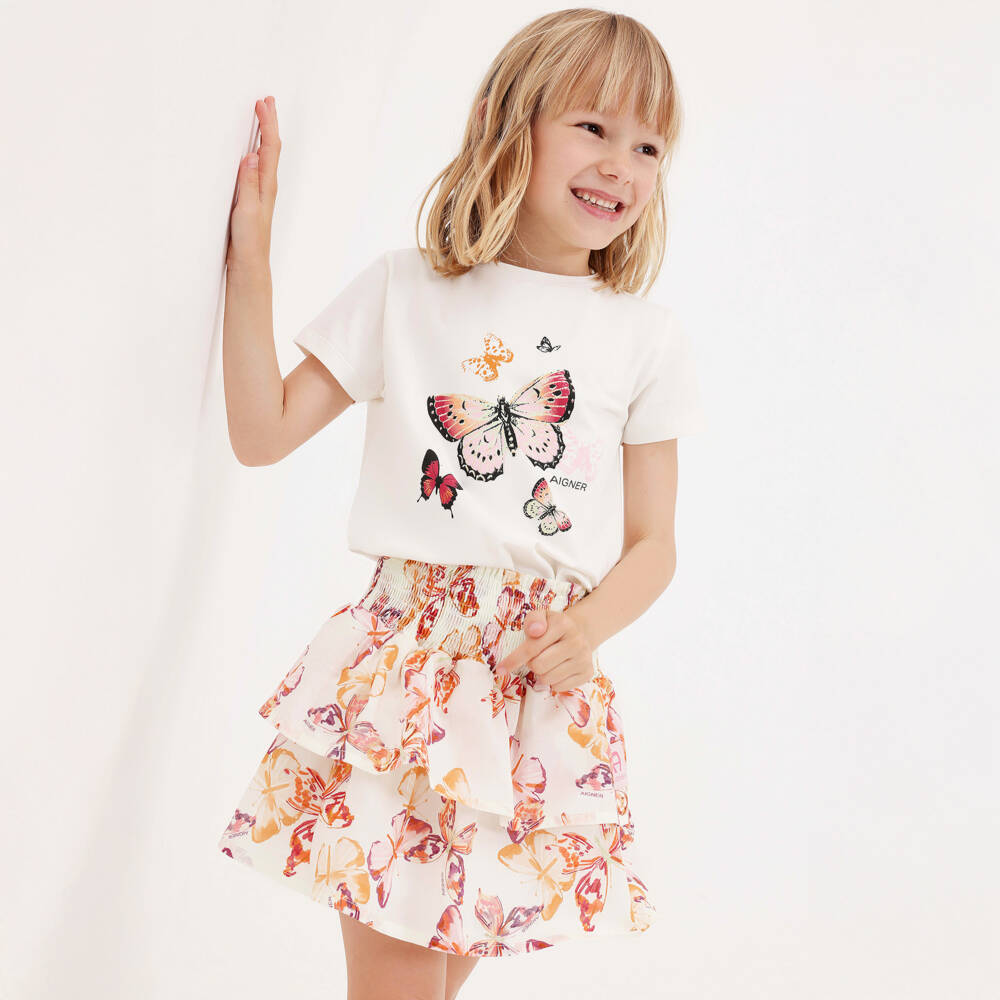 AIGNER-تنورة قطن بطبعة فراشات لون زهري وعاجي للبنات | Childrensalon