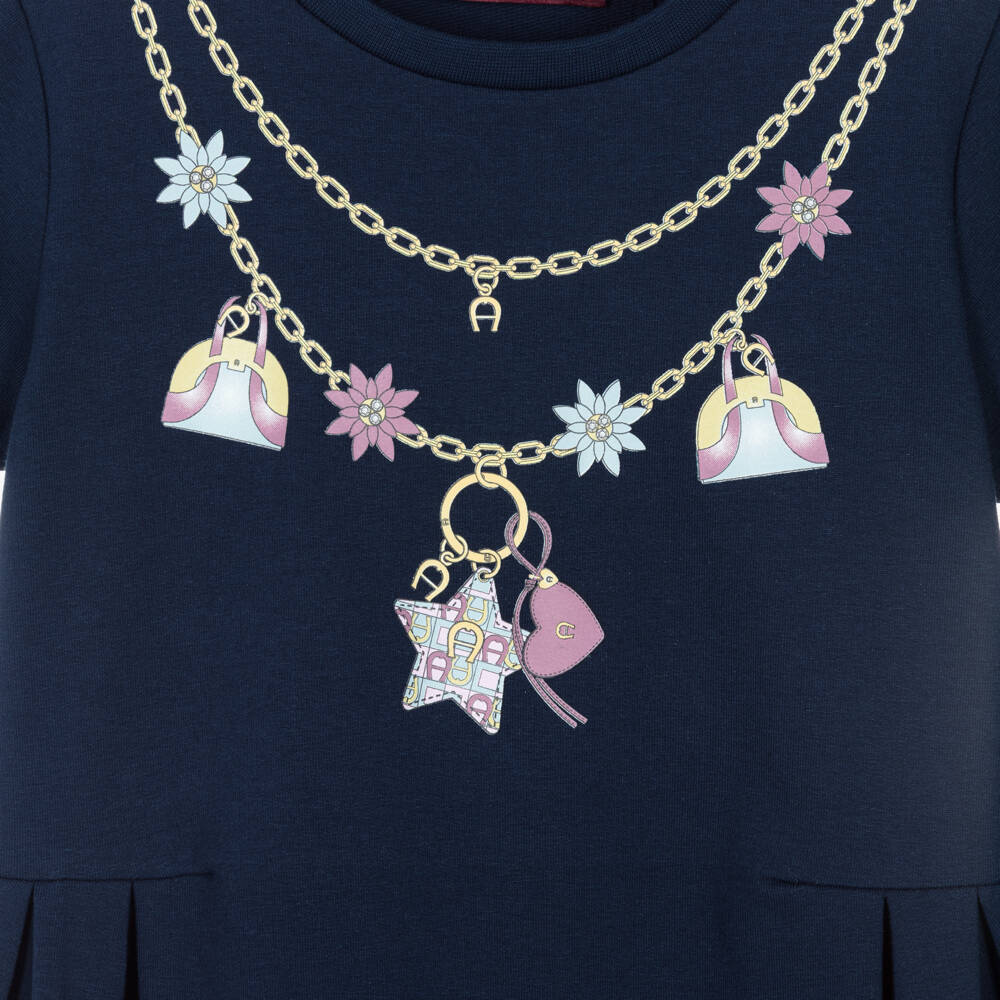 AIGNER-Girls Navy Blue Cotton Chain Print Dress | Childrensalon