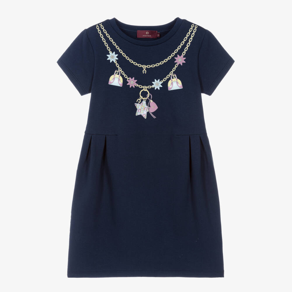 AIGNER-Girls Navy Blue Cotton Chain Print Dress | Childrensalon