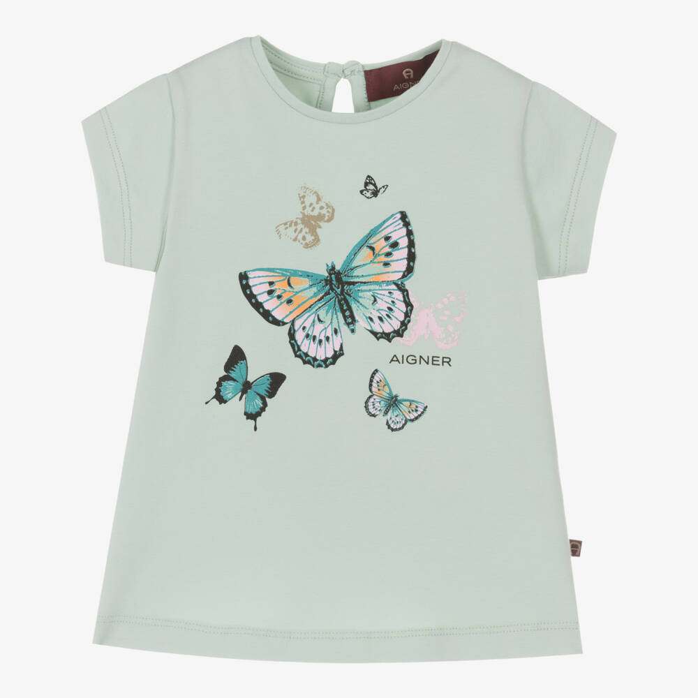AIGNER-Girls Pastel Green Butterfly Print Cotton T-Shirt | Childrensalon