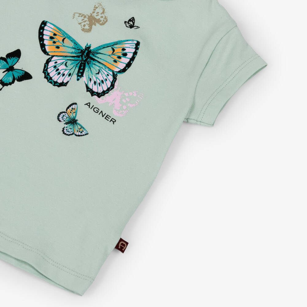 AIGNER-Girls Pastel Green Butterfly Print Cotton T-Shirt | Childrensalon