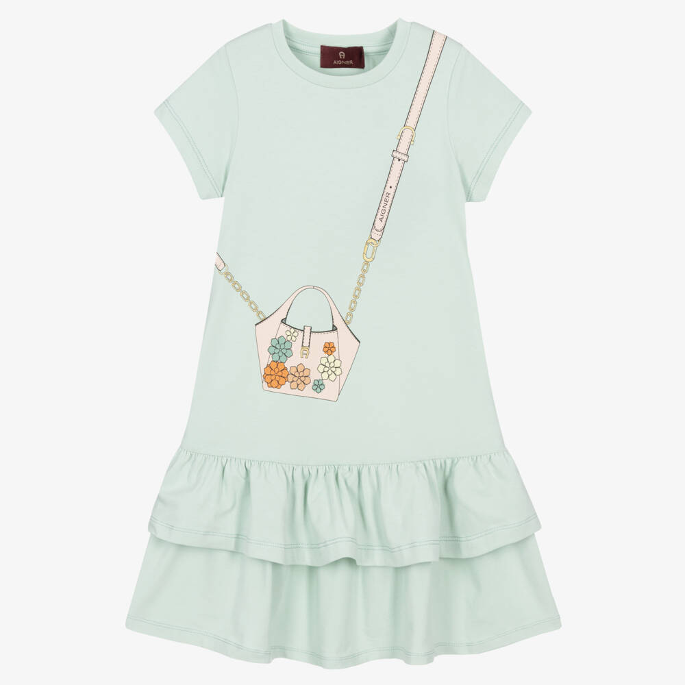 AIGNER-Girls Pastel Green Cotton Jersey Dress with Handbag Print | Childrensalon