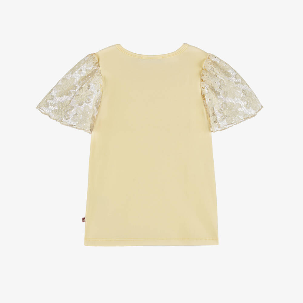 AIGNER-Girls Pastel Yellow Lace Sleeve T-Shirt | Childrensalon