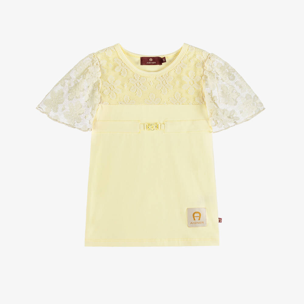 AIGNER-Girls Pastel Yellow Lace Sleeve T-Shirt | Childrensalon