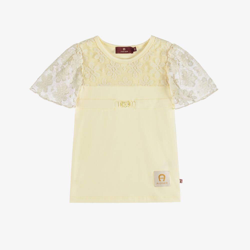AIGNER-Girls Pastel Yellow Lace Sleeve T-Shirt | Childrensalon
