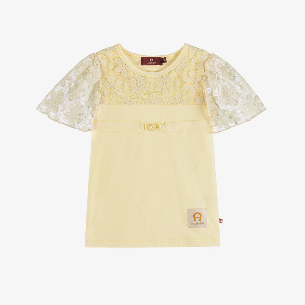 AIGNER-Girls Pastel Yellow Lace Sleeve T-Shirt | Childrensalon