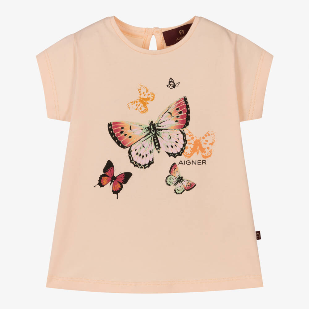 AIGNER-Girls Peach Pink Butterfly Print Cotton T-Shirt | Childrensalon