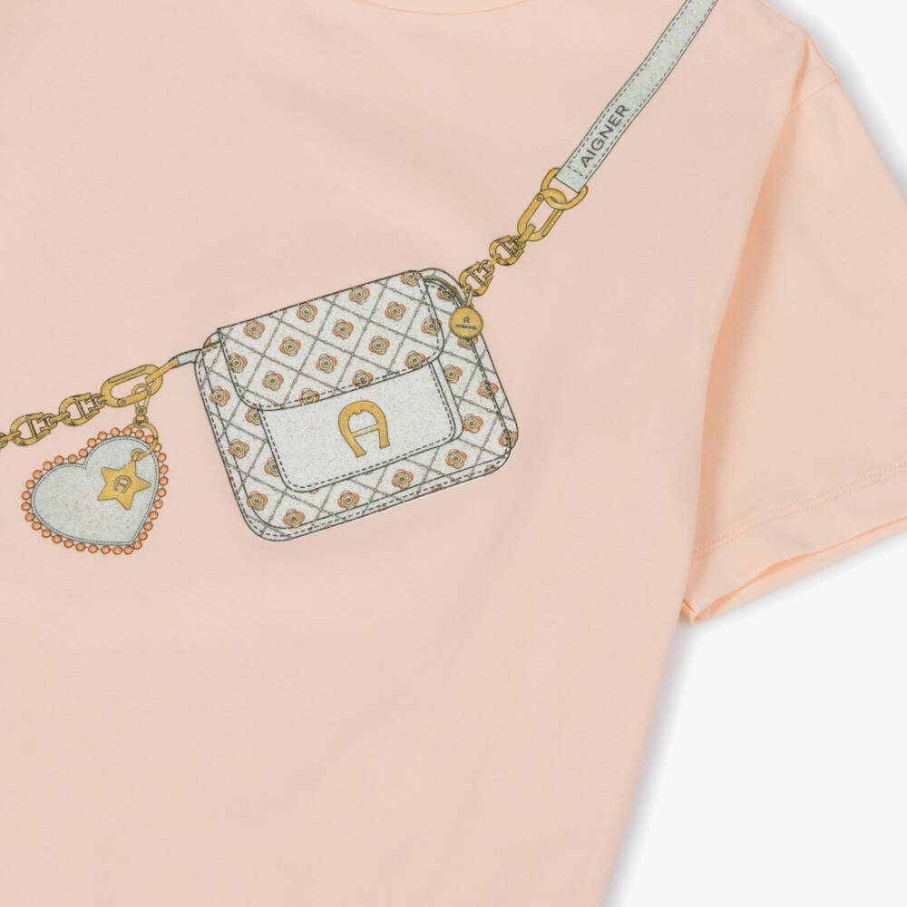AIGNER-تيشيرت بطبعة حقيبة قطن لون برتقالي فاتح للبنات | Childrensalon