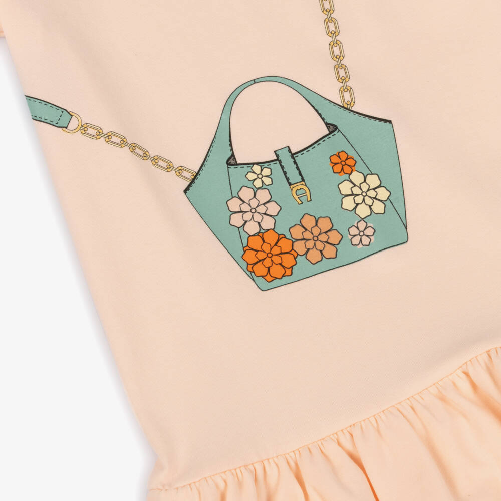 AIGNER-Girls Peach Pink Cotton Jersey Dress with Handbag Print | Childrensalon