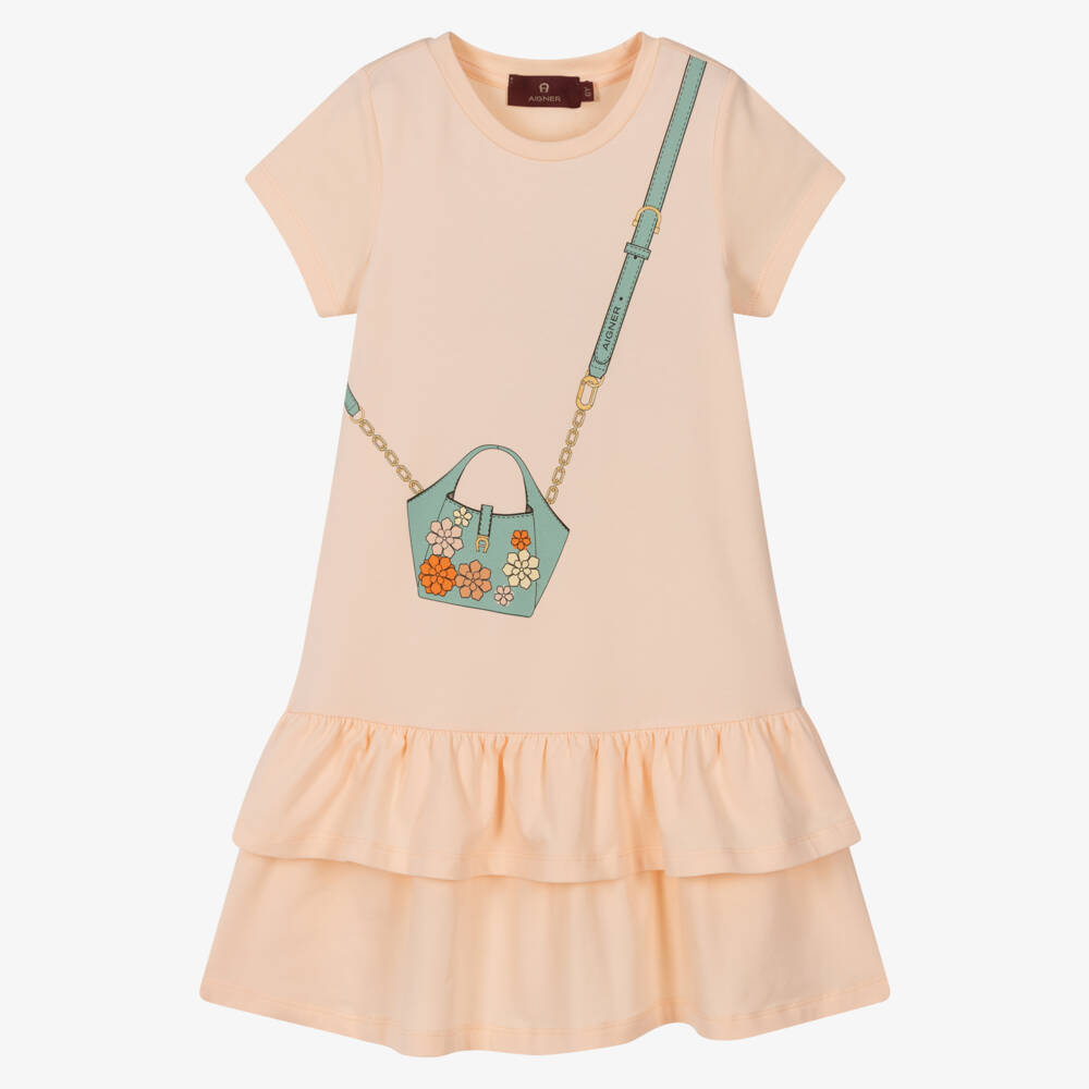 AIGNER-Girls Peach Pink Cotton Jersey Dress with Handbag Print | Childrensalon