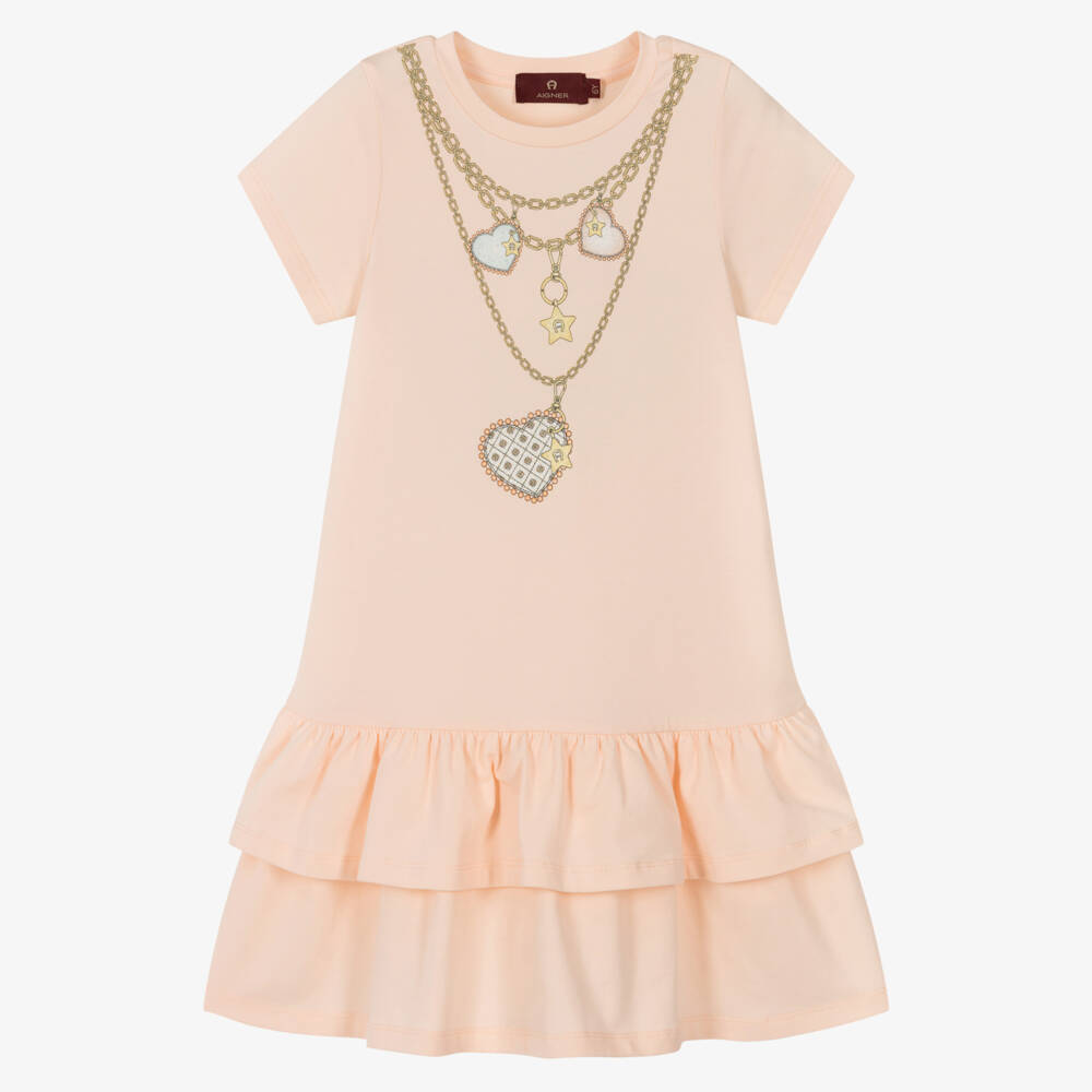 AIGNER-Girls Peach Pink Cotton Necklace Dress | Childrensalon