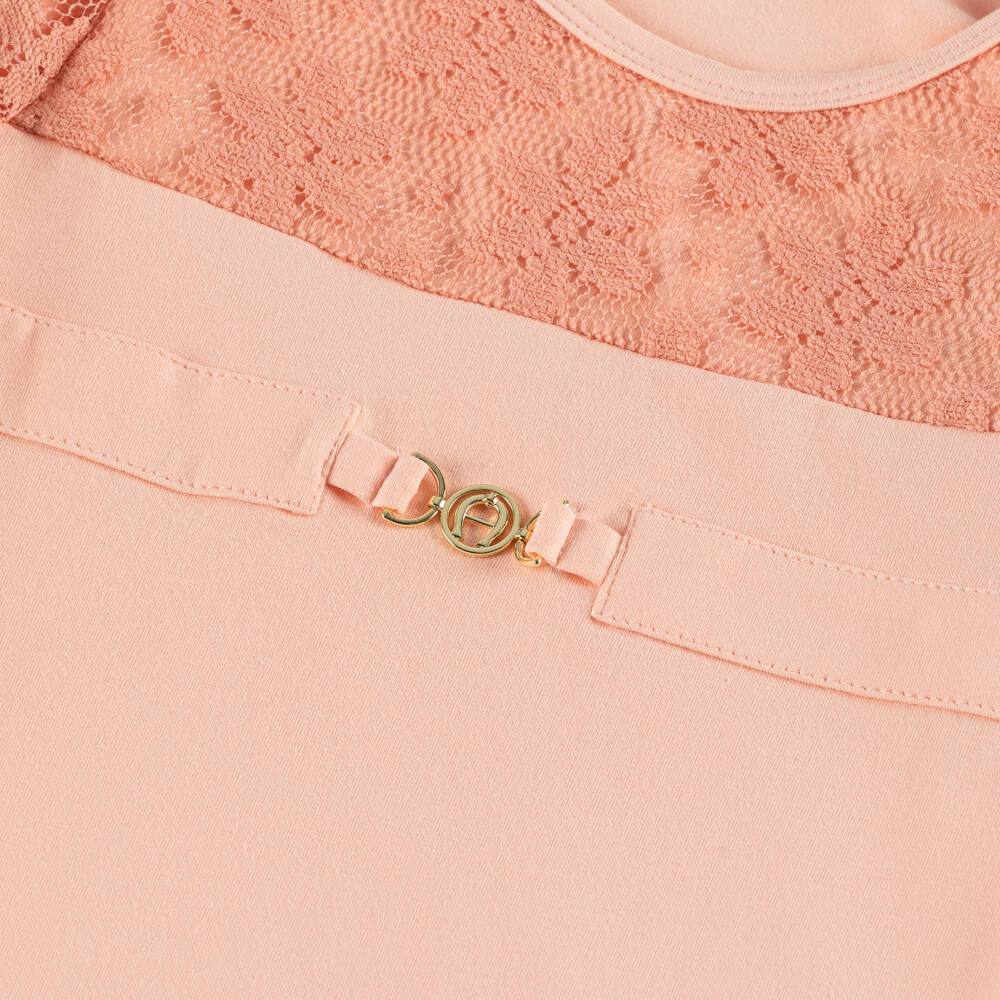 AIGNER-Girls Peach Pink Lace Sleeve T-Shirt | Childrensalon