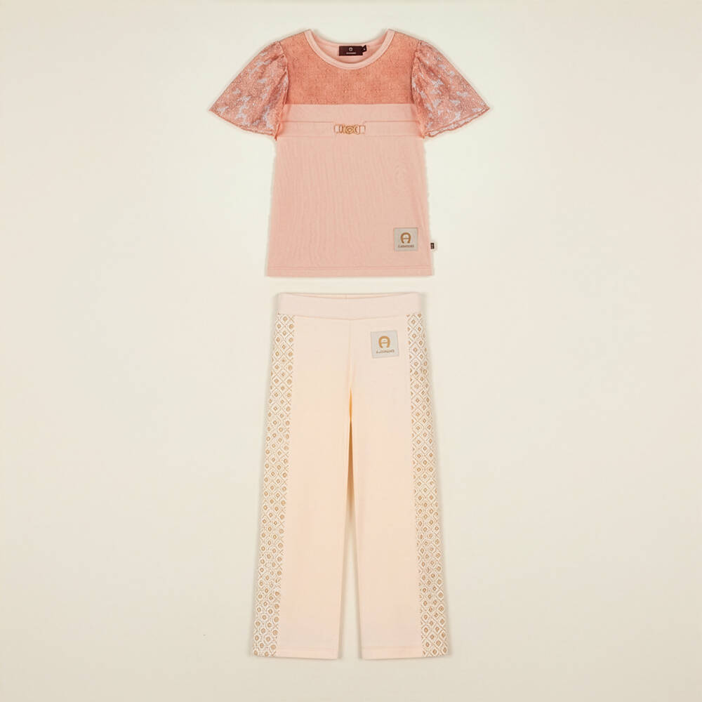 AIGNER-Girls Peach Pink Lace Sleeve T-Shirt | Childrensalon