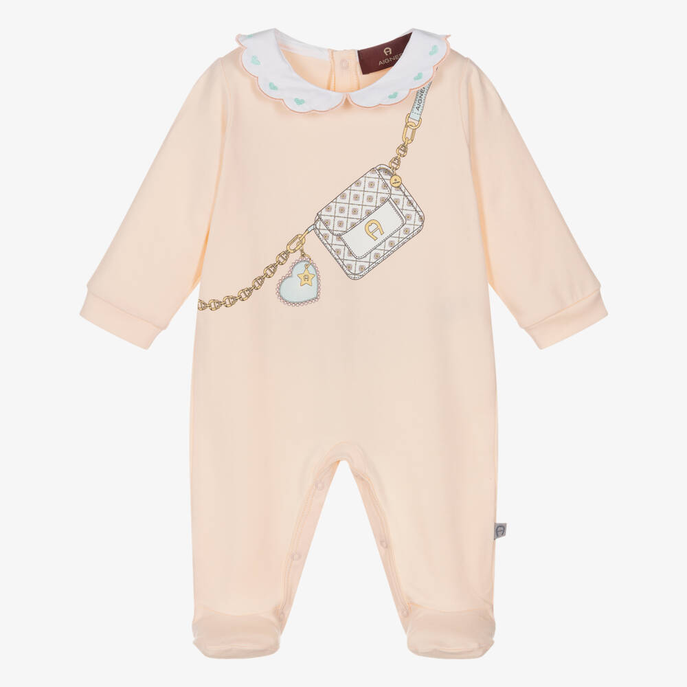 AIGNER-Girls Peach Pink Pima Cotton Handbag Print Babygrow | Childrensalon