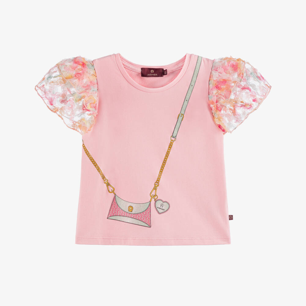 AIGNER-Girls Pink Bag Print T-Shirt with Floral Tulle Sleeves | Childrensalon