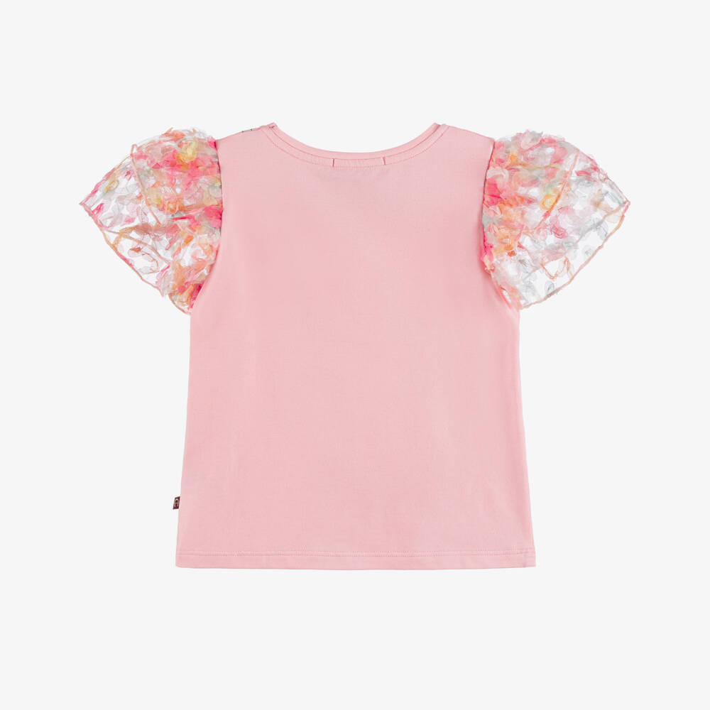 AIGNER-Girls Pink Bag Print T-Shirt with Floral Tulle Sleeves | Childrensalon