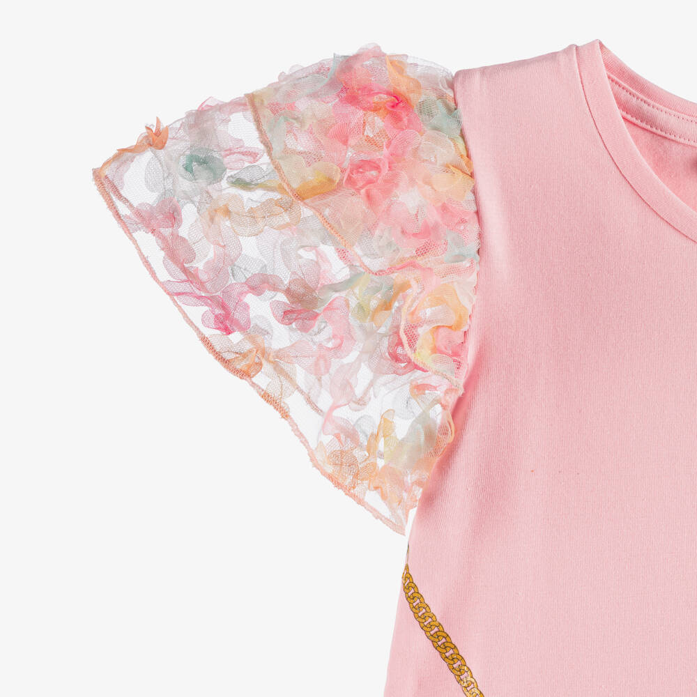 AIGNER-Girls Pink Bag Print T-Shirt with Floral Tulle Sleeves | Childrensalon