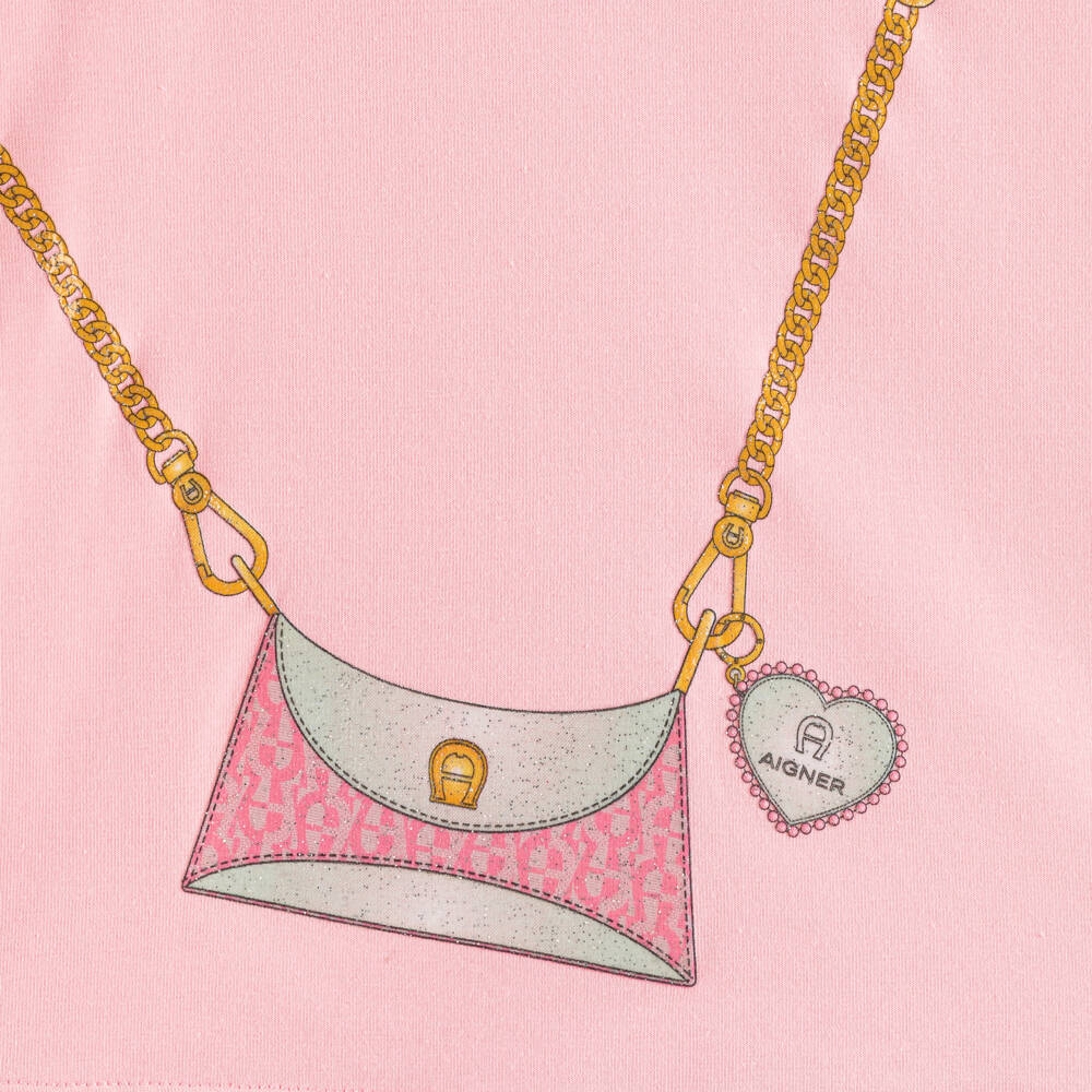 AIGNER-Girls Pink Bag Print T-Shirt with Floral Tulle Sleeves | Childrensalon
