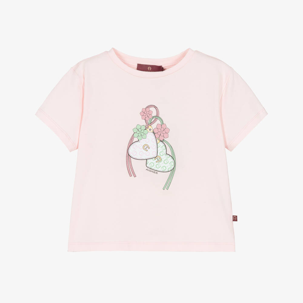 AIGNER-Girls Pink Cotton Heart Logo T-Shirt | Childrensalon