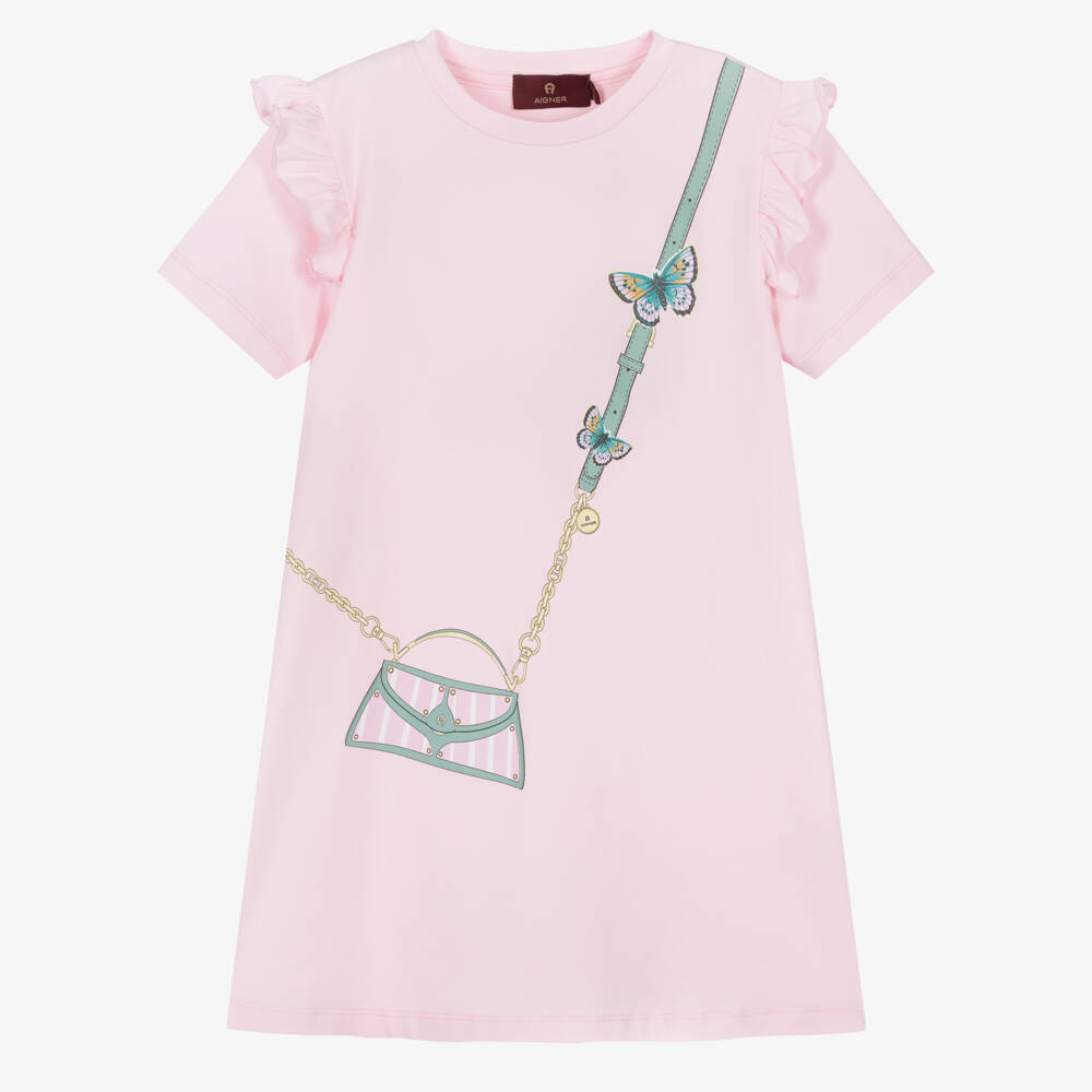 AIGNER-Girls Pink Cotton Jersey Dress with Crossbody Bag Print | Childrensalon