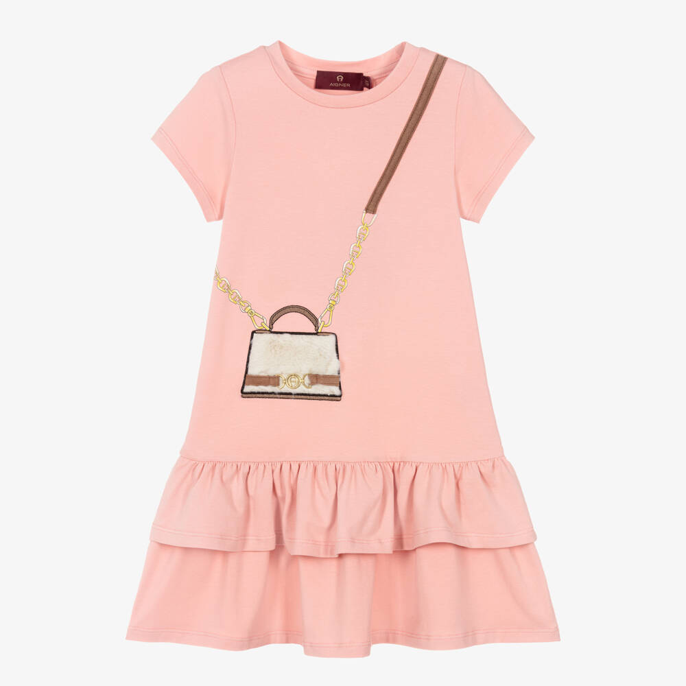 AIGNER-Girls Pink Cotton Jersey Dress with Faux Fur Bag Print | Childrensalon