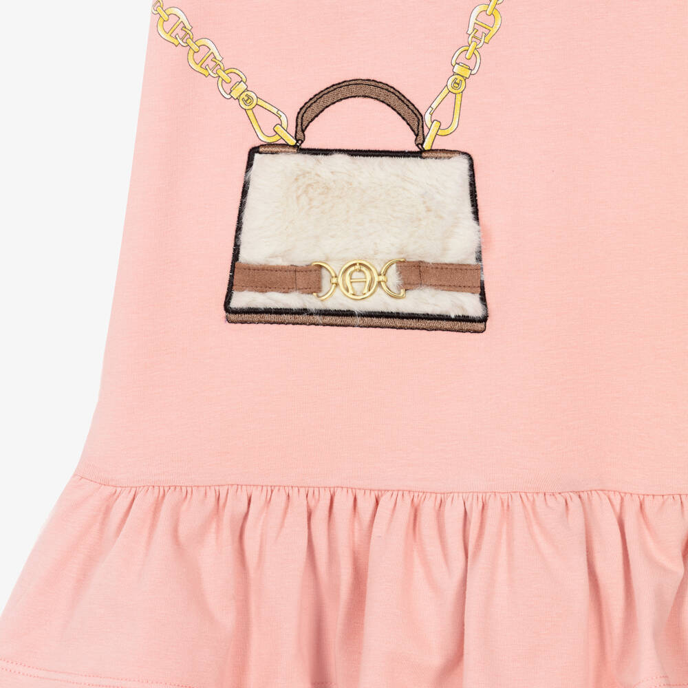 AIGNER-Girls Pink Cotton Jersey Dress with Faux Fur Bag Print | Childrensalon