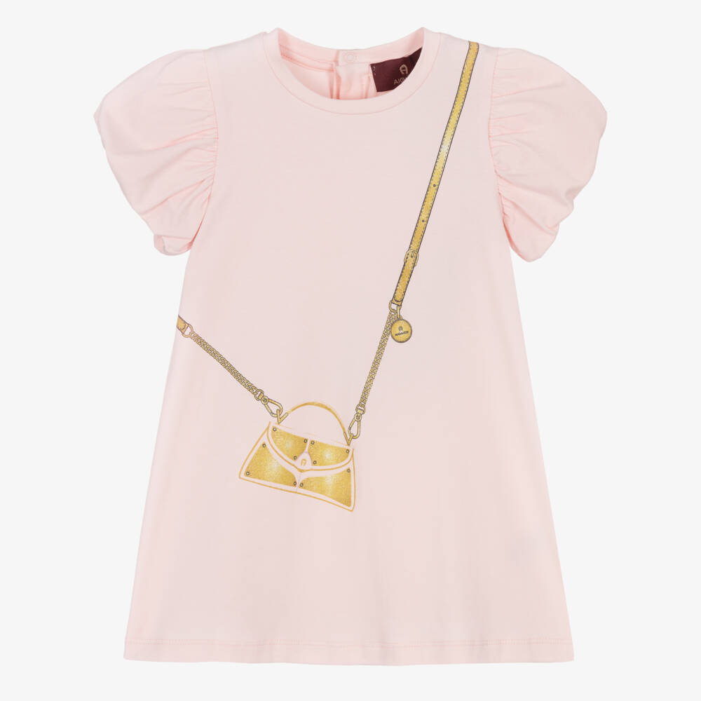 AIGNER-Girls Pink Cotton Jersey Dress with Gold Bag Print | Childrensalon