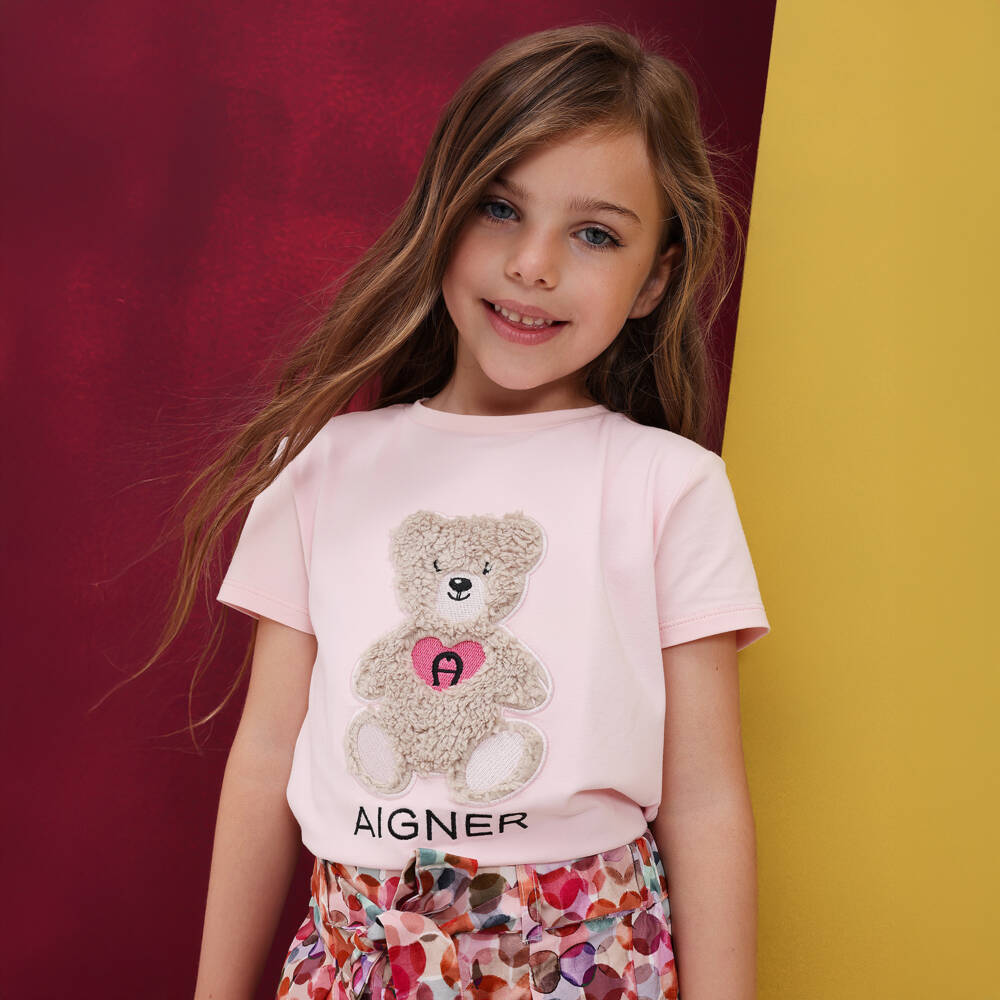 AIGNER-Футболка розовая из хлопкового трикотажа с мишкой для девочек | Childrensalon