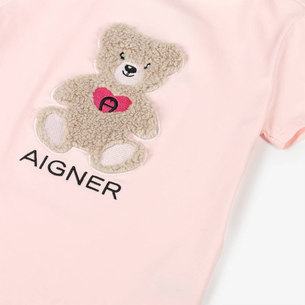 AIGNER-Футболка розовая из хлопкового трикотажа с мишкой для девочек | Childrensalon