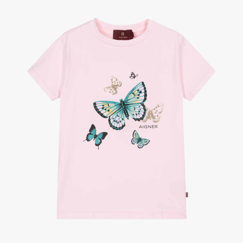 AIGNER-Girls Pink Cotton T-Shirt with Butterfly & Logo Print | Childrensalon