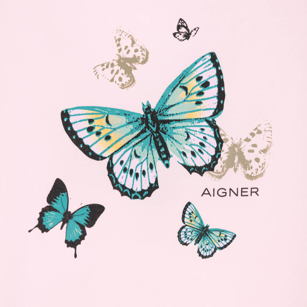 AIGNER-تيشيرت بطبعة فراشة قطن لون زهري للبنات | Childrensalon