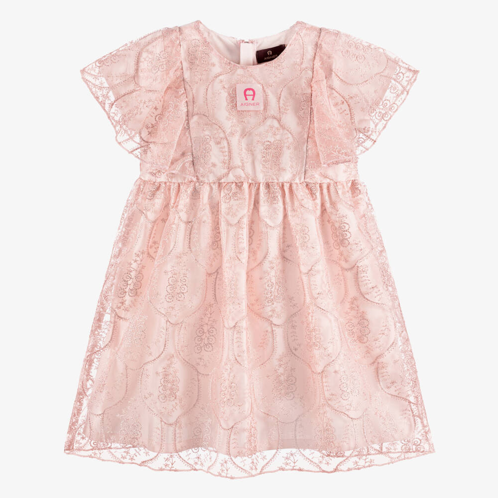 AIGNER-Girls Pink Floral Embroidered Tulle Dress | Childrensalon