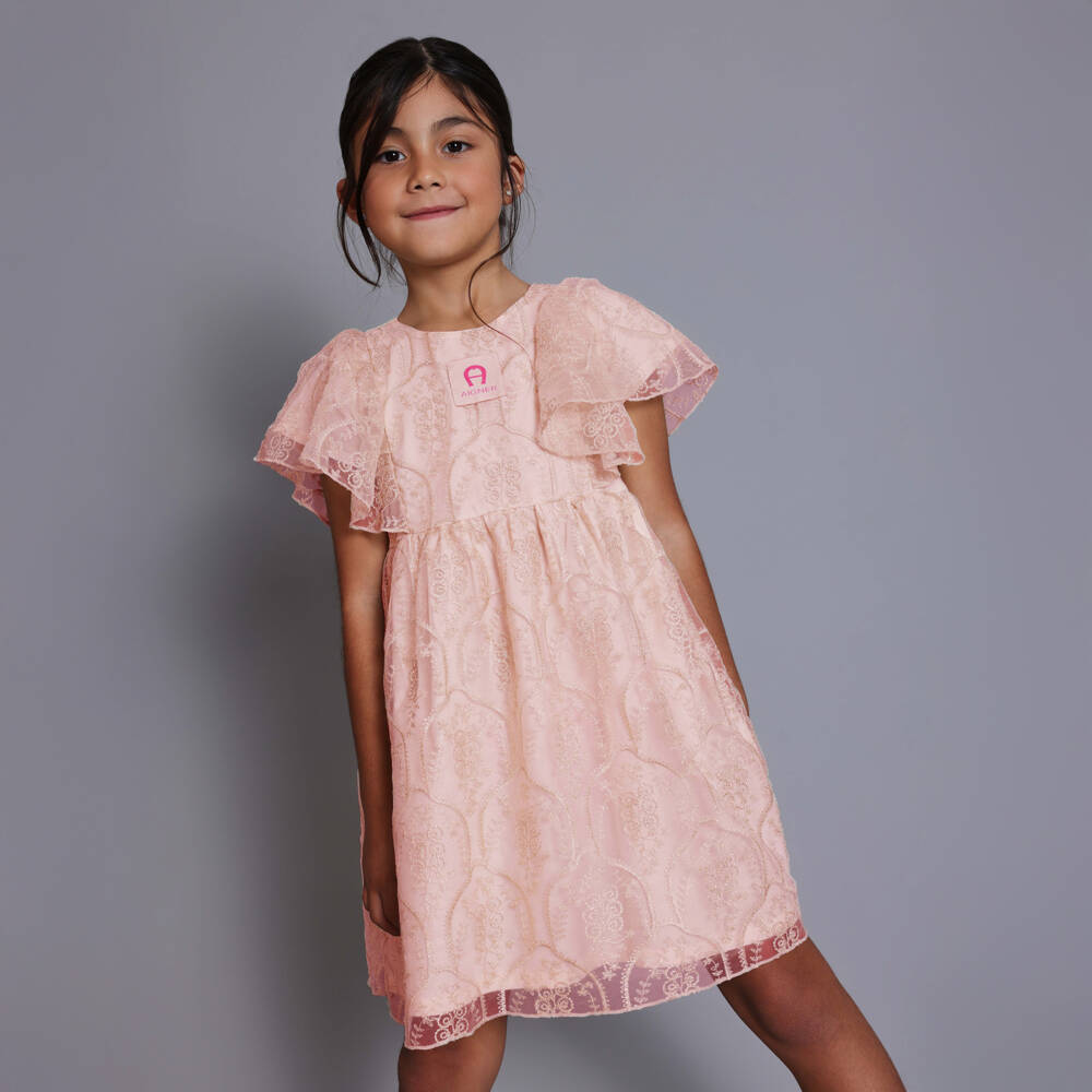 AIGNER-Girls Pink Floral Embroidered Tulle Dress | Childrensalon