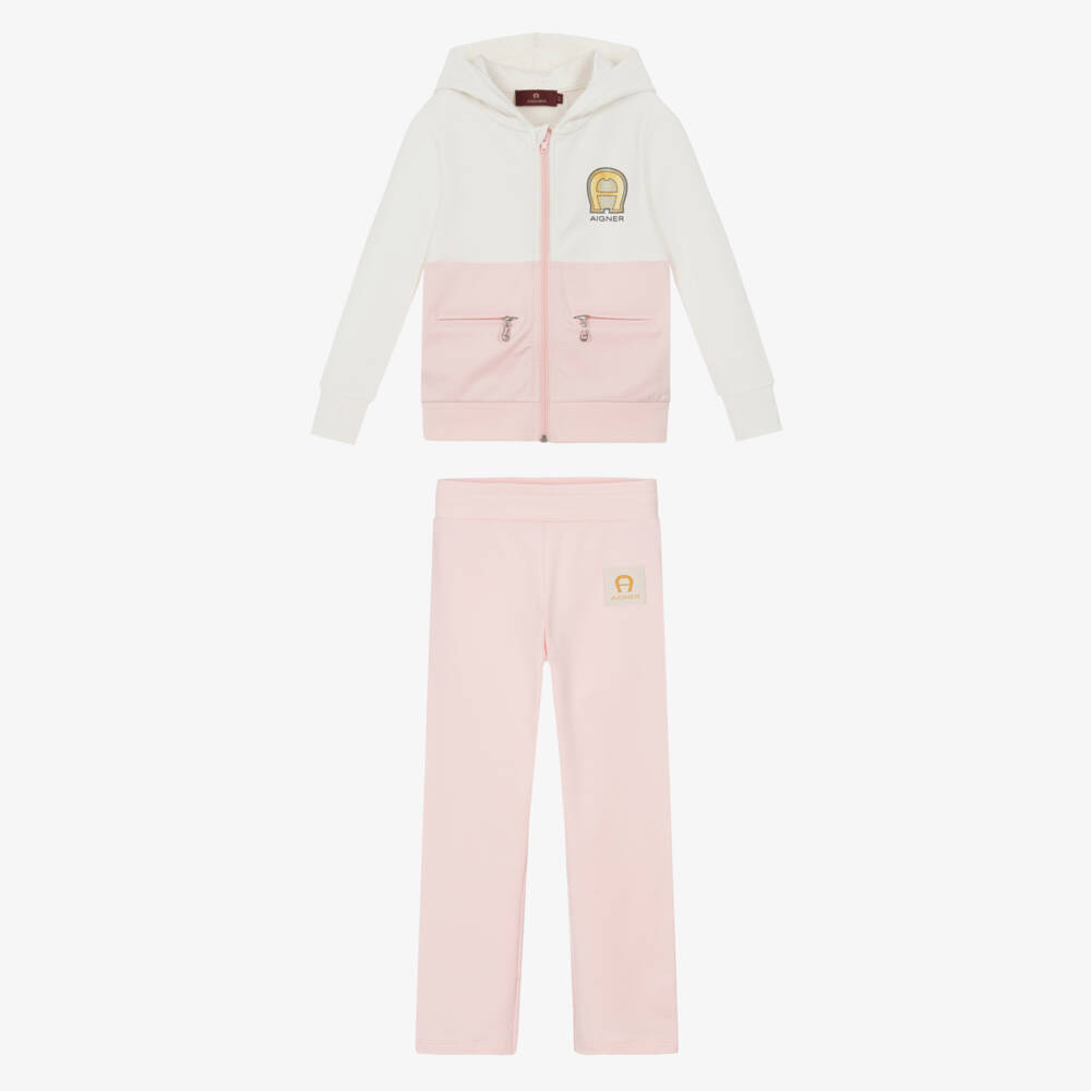 AIGNER-Girls Pink & Ivory Cotton Tracksuit | Childrensalon