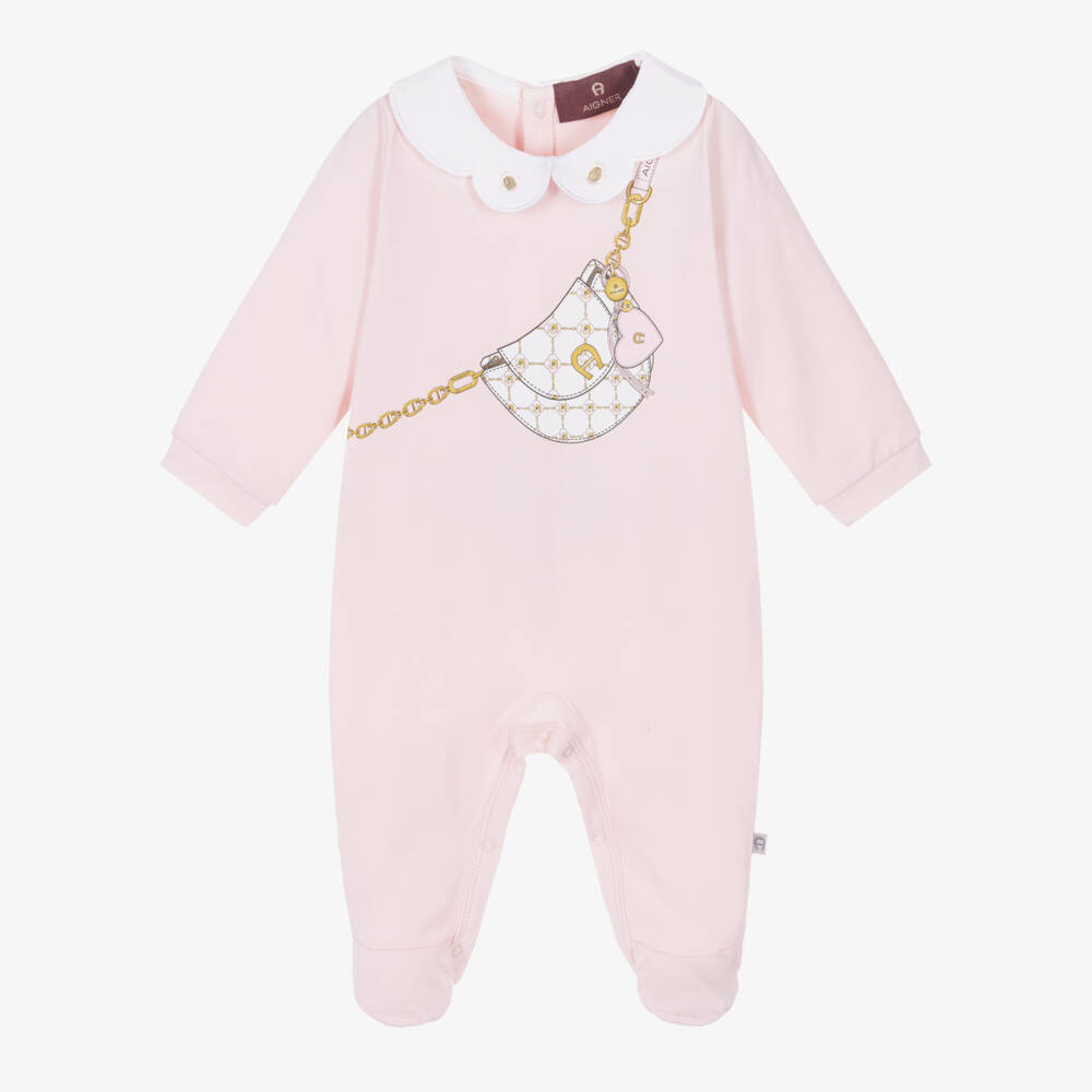 AIGNER-Girls Pink Pima Cotton Babygrow with Crossbody Bag Print | Childrensalon