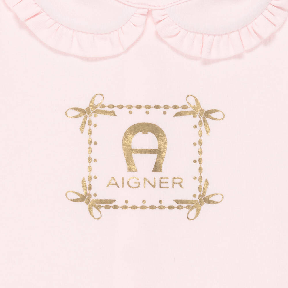 AIGNER-Girls Pink Pima Cotton Babygrow with Gold Logo Print | Childrensalon