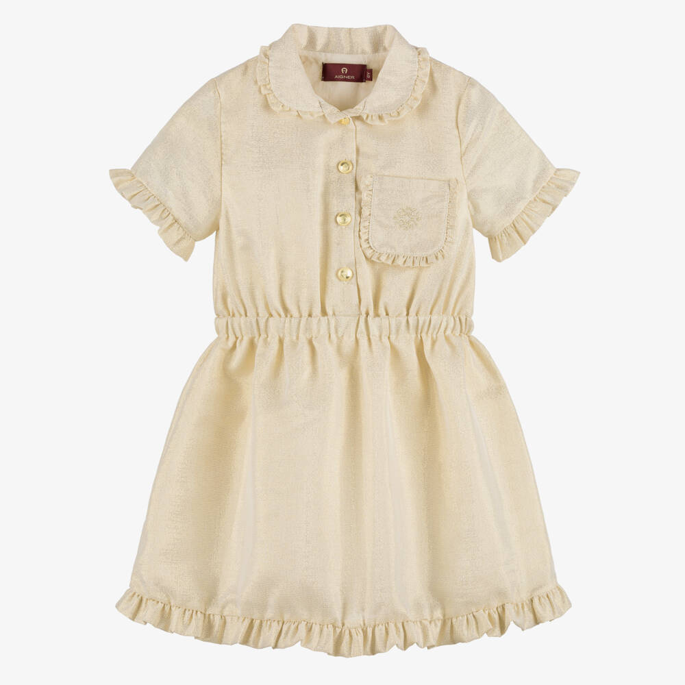 AIGNER-Girls Shimmery Gold Dress with Ruffle Trims | Childrensalon