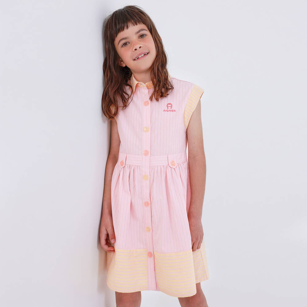 AIGNER-Girls Striped Pink Cotton Dress | Childrensalon