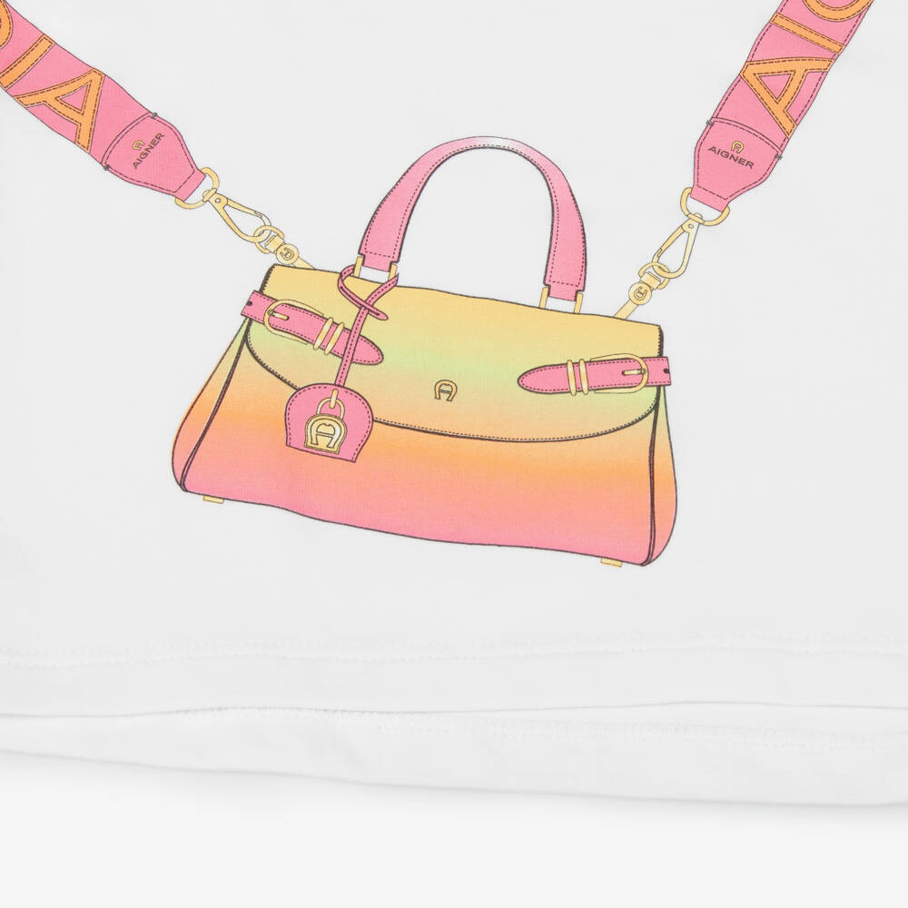 AIGNER-Girls White Cotton Bag Print T-Shirt | Childrensalon