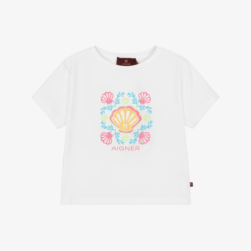 AIGNER-Girls White Cotton T-Shirt with Pink & Blue Shell Print | Childrensalon