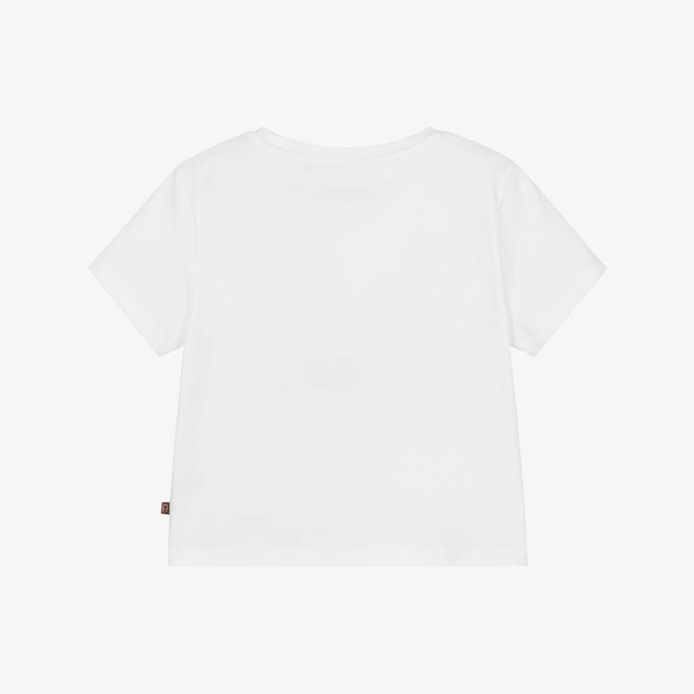 AIGNER-Girls White Cotton T-Shirt with Pink & Blue Shell Print | Childrensalon