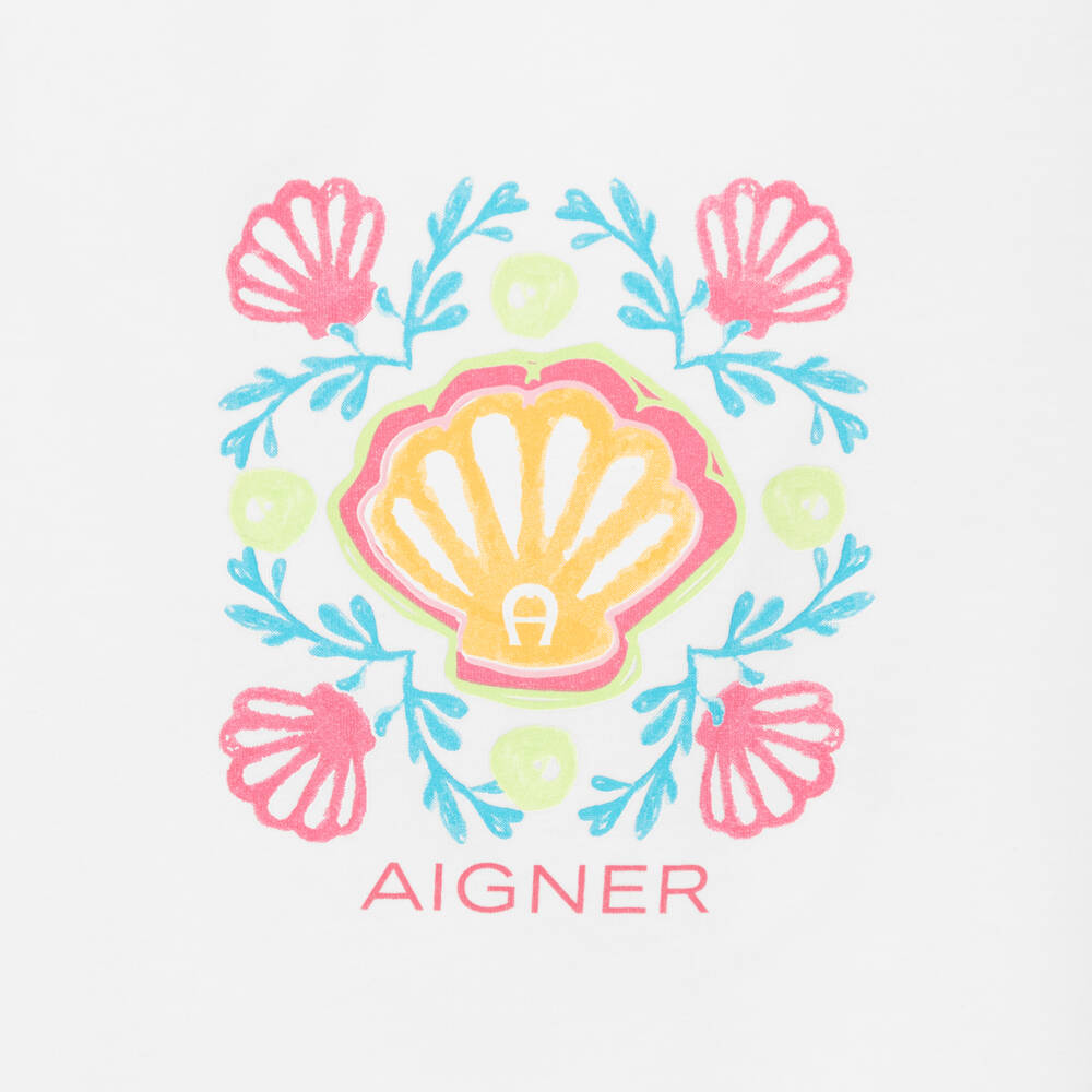 AIGNER-Girls White Cotton T-Shirt with Pink & Blue Shell Print | Childrensalon